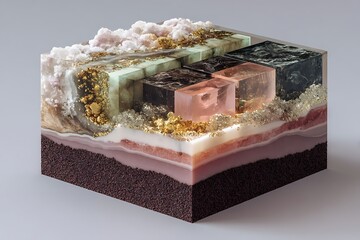 Abstract geological cross section showing crystal stratification and gold