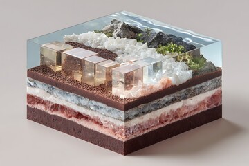 Diorama showing geological layers and crystal formations inside cube