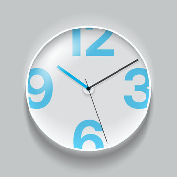 Simple clock in realistic flat style, with arrow and big numbers. Watch on gray background. Business time. Vector design element for you project