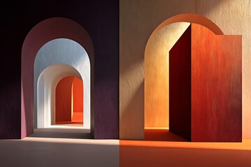 Abstract architectural arches creating hallway illusion with warm colors