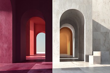 Symmetrical architectural archways contrasting colors light and shadow