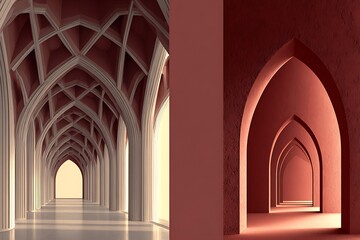 Symmetrical gothic arches creating a long aesthetic hallway