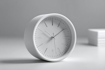 Minimalist white clock displaying time on gray background