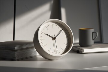 Minimalist clock tracking time on clean office desk