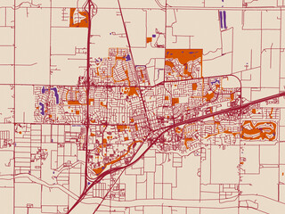 Naklejka premium Street map of Davis, California in terracotta and violet accents