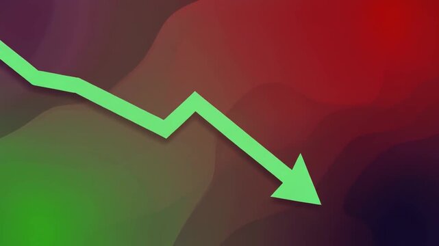 Green arrow graph trending down on red and green background
