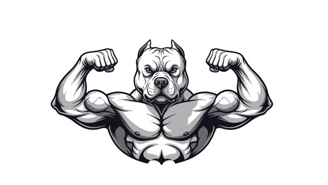 Muscular white dog mascot with a bodybuilder physique flexing its arms and showing off a powerful chest on a white background.