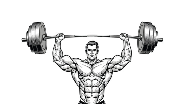 Professional bodybuilder performing a heavy overhead barbell press in a clean black and white line art illustration.