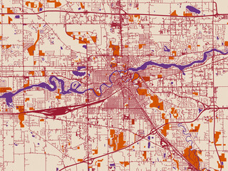 Obraz premium Street network map of Elkhart, Indiana, burgundy linework on cream