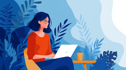 Fototapeta premium Digital Oasis: A serene figure, surrounded by stylized foliage, is engrossed in their laptop, a cup of coffee nearby, creating a sense of calm productivity.