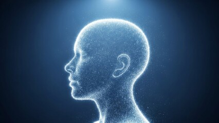 Obraz premium AI Head Silhouette: Digital Particle Cloud, Artificial Intelligence Concept, Technology Innovation, Future Thinking, Data Science, Machine Learning, Neural Network