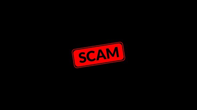 SCAM rubber stamp seal on transparent background, featuring a zoom and hit effect on a black screen background , warnings, and cautionary notices with alpha channel in 4k. 