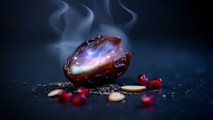 Surreal cosmic nebula galaxy exploding from inside a dried date surrounded by pomegranate seeds and chia seeds with smoke