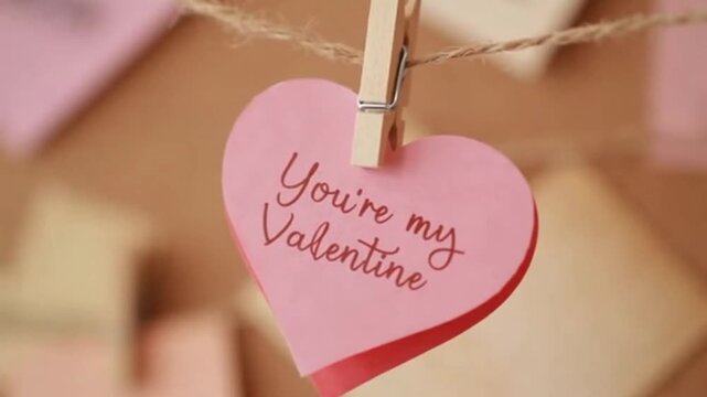 Pink heart card hanging on clothespin with you're my valentine text on a rope in blurred background