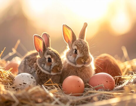 Rustykalna kompozycja wielkanocna- sian, pisanki, małe zajączki, lniane sznurki, kolor Mocha Mous