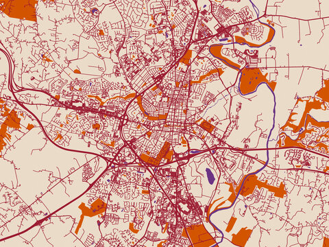 City map of Frederick, Maryland &mdash; minimal cream city base with wine-red streets, terracotta accents and soft purple water areas