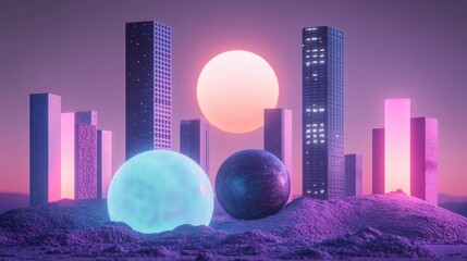 Surreal Retrofuturistic Cityscape with Glowing Orbs and Sunset