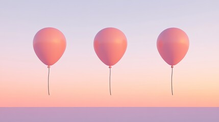 Three Soft Pink Balloons Aligned on a Dreamy Pastel Gradient Background, Minimalist 3D Render