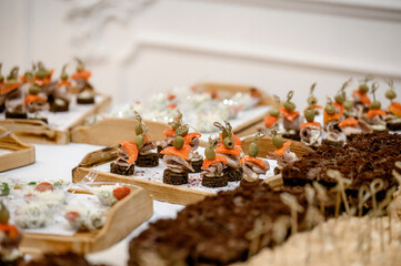 Assorted meat appetizers on black bread and desserts on a served table