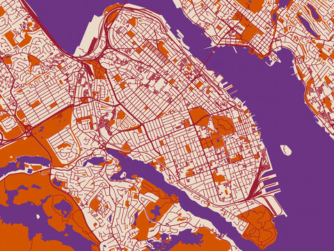 Street map of Halifax Center, Nova Scotia in cream and burgundy map
