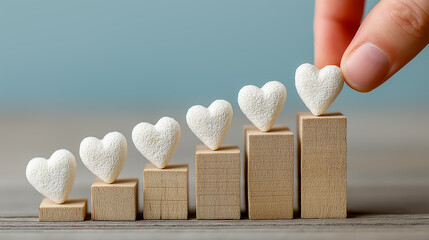木のブロックとハートで表す満足度の向上 段階評価のイメージ
