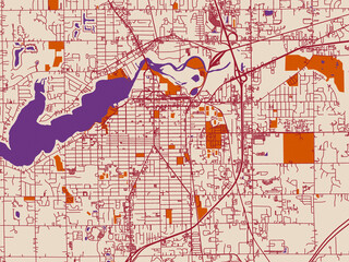 Obraz premium Urban map poster of Holland, Michigan with cream-toned map field with burgundy roads, terracotta highlights and muted violet water shapes