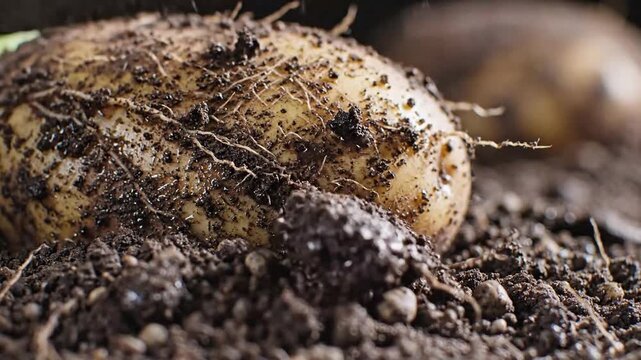 Close-up of sprouting tuber buried in rich dark soil showcasing early plant growth stages in natural environment