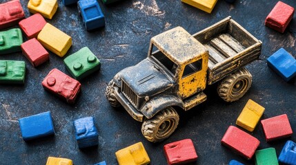 Vintage Toy Truck and Colorful Blocks: Childhood Nostalgia, Rustic Aesthetic.