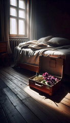 An open, empty suitcase by a bed, Ai generated image