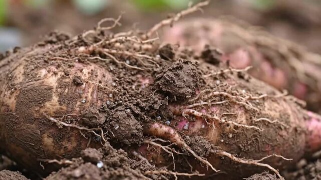 Close-up sequence of soil-covered root crop being harvested showing detailed earth and roots in natural soil environment