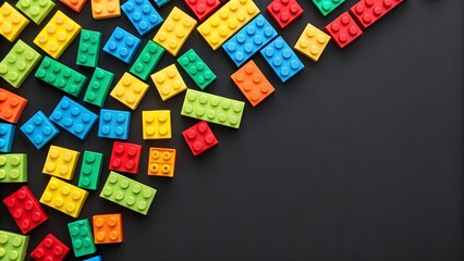 Naklejka premium Colorful plastic building blocks scattered on black background