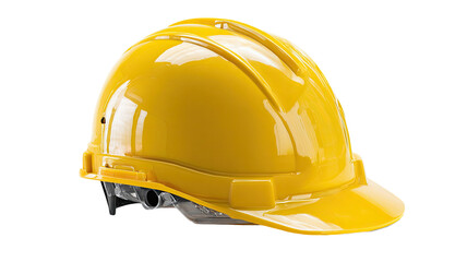 Fototapeta premium Yellow plastic safety helmet and hard hat isolated on white background as protective industrial headwear for construction work and builder protection equipment