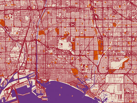 City map of Long Beach, California &ndash; muted violet water and terracotta