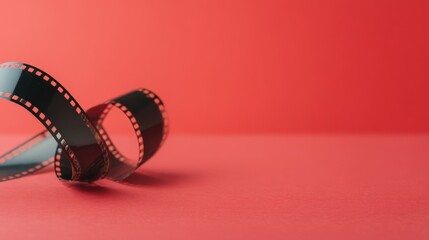 A curled film strip rests on a red surface, showcasing a classic cinematic feel with a modern aesthetic.