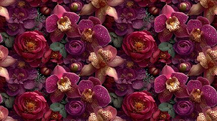 Naklejka premium Seamless dark floral pattern with dramatic flowers on dark background