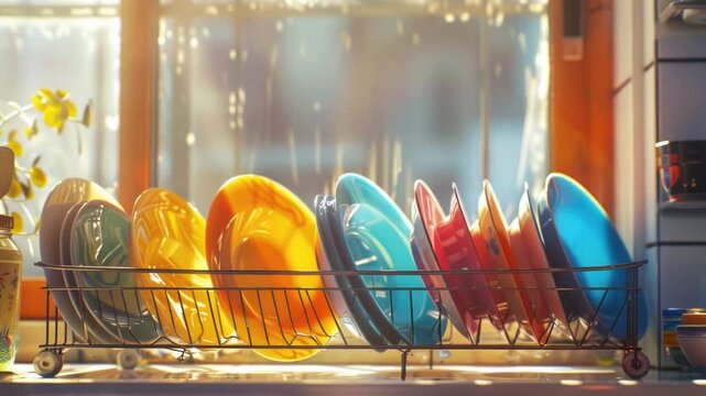 Video A collection of plates stacked on a metal rack, ready for use or storage