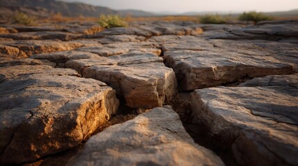 Close up view of cracked dry earth surface with visible layers and rough texture suggesting arid conditions and geological formation