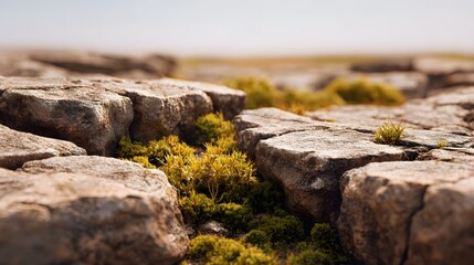 Fototapeta premium Detailed view of cracked weathered rocks with vibrant green moss and tufts of grass growing in arid stony terrain