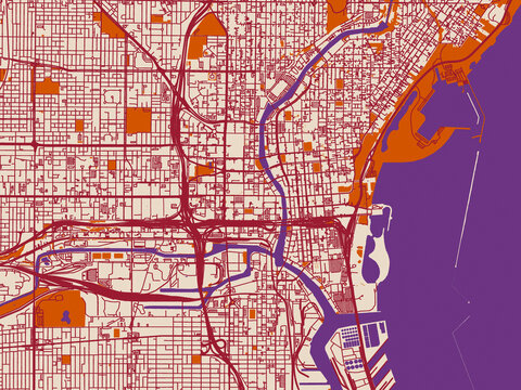 Minimal city map of Milwaukee Center, Wisconsin with terracotta and violet accents