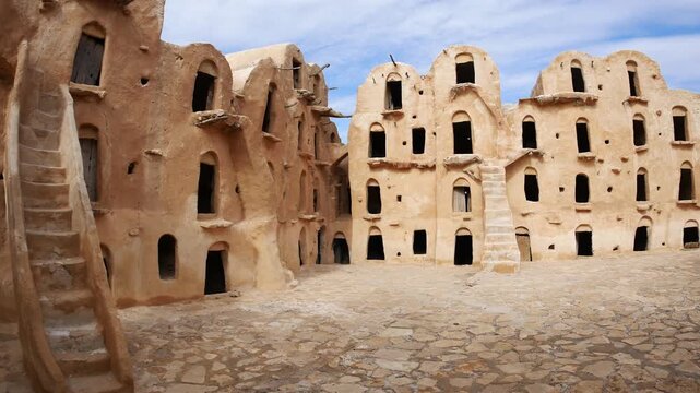 Panorama: Ancient ksar of Houled Soltane in southern Tunisia, traditional Berber mudbrick granaries and arched storage rooms, showcasing Saharan architecture, history cultural heritage