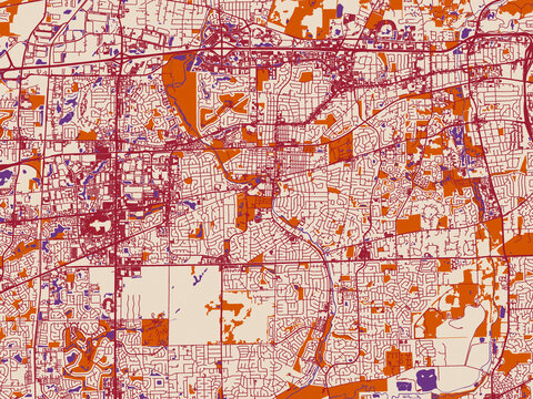 Street map of Naperville, Illinois in burgundy linework on cream