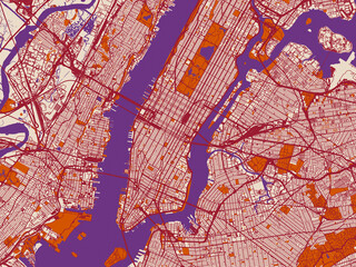Obraz premium Street network map of New York Center, New York, featuring cream-toned map field with burgundy roads, terracotta highlights and muted violet water shapes