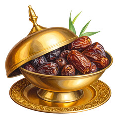 Illustration Dates and Coffee Still Life in Golden Bowl Cup on Transparent background