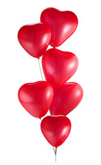 balloons in the shape of red hearts, set on a white background, filled with helium, tied together, float in the air like a vertical bouquet under soft studio lighting, creating a romantic atmosphere.