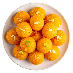 plate of Indian ladoo sweets top view isolated on transparent background Remove , Clipping Path