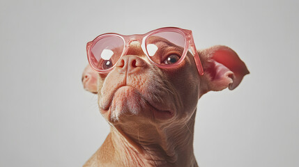 Naklejka premium Close-up portrait of a funny cute dog wearing pink sunglasses looking up on a grey background. Stylish summer pet. 