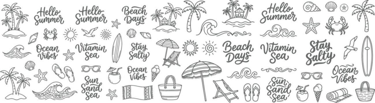 A tropical beach and surf-themed vector set with palm trees, waves, surfboards, a van, flamingos, and ocean elements with quotes, in a bold graphic style. Perfect for t-shirt prints, posters, stickers