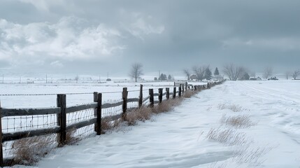 Winter farm landscape with wooden fence and snow-covered fields under a cloudy sky
