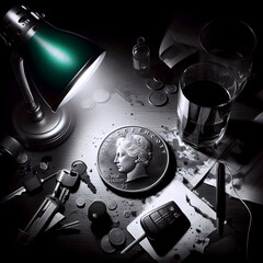 A black and white still life of a coin showing heads, Ai generated image