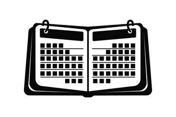 Black and white illustration of an open planner calendar